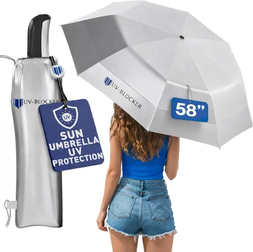 Vista 8 de UV-Blocker Sombrilla compacta con protección UV, apertura y cierre automático, toldo con doble ventilación, resistente al viento para caminar, UPF