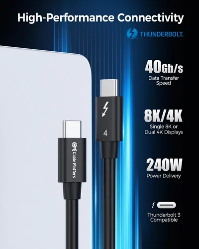 Vista 2 de Cable Matters [Certificado por Intel] Cable Thunderbolt 4 de 40Gbps 1 pie con video 8K y carga de 240W - 0,3m, compatible con USB4, Cable