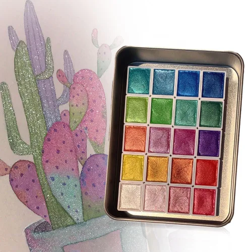 Vista 11 de Juego de pintura de acuarela de 12 colores, suministros de dibujo, juego de pinturas de acuarela metálicas brillantes, kit de pintura colorida