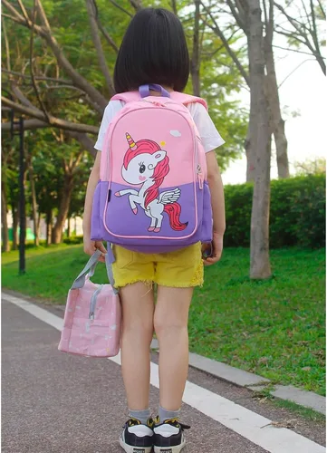 Vista 6 de Mochila de viaje para niños y niñas de preescolar con diseño de dibujos animados, ligera, fresca y bonita, con bolsa de almuerzo, Unicornio rosa M