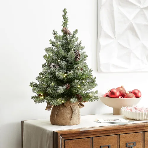 Vista 4 de National Tree Company Árbol de Navidad artificial mini preiluminado de 2 pies con copo, 50 luces LED transparentes, 75 puntas, piñas, base