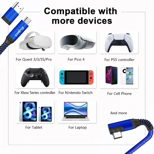 Vista 6 de Kuject Cable Link de 20 pies compatible con Quest 3S/3, Quest 2/Pro, Pico 4, accesorios trenzados de nailon para juegos Rift S/Steam VR, cable