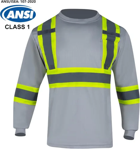 Vista 2 de VENDACE Camiseta de trabajo de seguridad de alta visibilidad para hombre, ANSI Clase 1, camisa reflectante de manga larga con bolsillo (gris, S)