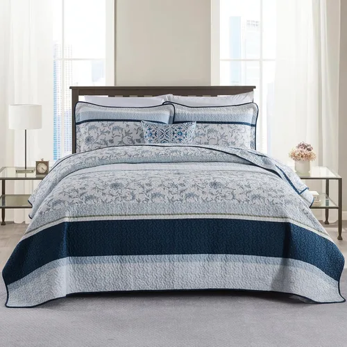 Vista 10 de DDUOXIN Edredón 100 % algodón, tamaño Queen, moderno, botánico, con 2 fundas de almohada, colcha con estampado floral a rayas, juego de ropa de cama