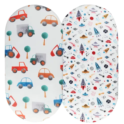 Vista 24 de Juego de sábanas de moisés, paquete de 2 sábanas bajeras ajustadas, elásticas ultra suaves, para colchón de cuna rectangular ovalada de reloj