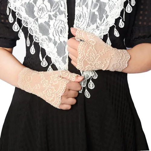 Vista 5 de obmwang 2 pares de guantes de encaje para mujer, guantes florales sin dedos, guantes de graduación para boda, fiesta, accesorios de disfraces