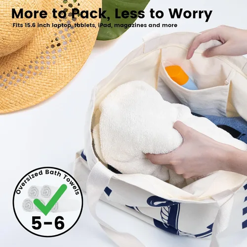 Vista 4 de Bolsa de lona con diseño náutico de anclaje con bolsillo interior, cremallera superior, bolsas de comestibles reutilizables para mujeres, playa