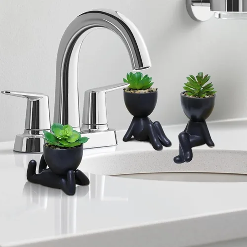 Vista 8 de Zerzsy 3 plantas suculentas artificiales con macetas creativas de cerámica en forma de humano, mini plantas en maceta, plantas falsas de baño Negro