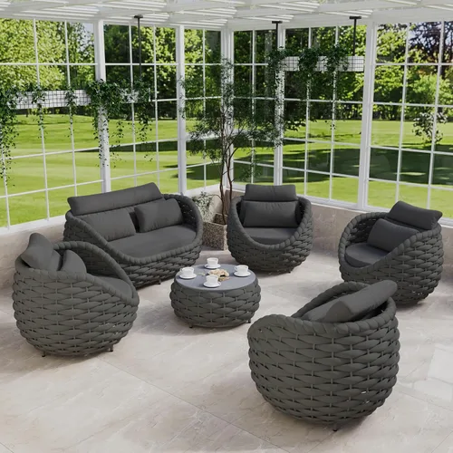 Vista 15 de Juego de muebles de patio de aluminio de 3 piezas: cuerda tejida a mano para conversación al aire libre, juego de 2 cojines modernos montados, juego