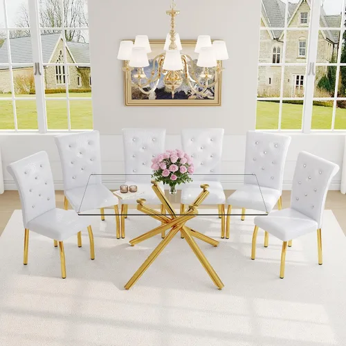 Vista 37 de Juego de mesa de comedor moderna para mesa de comedor negra de 4,63 pulgadas, juego de 4 con patas de metal dorado, mesa de cocina rectangular