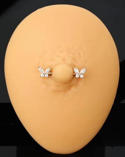Vista 7 de Jewseen Anillos de pezón de oro macizo de 14 quilates, 2 piezas, barra de pezón de 14G, joyería para pezón de mariposa para mujeres y hombres