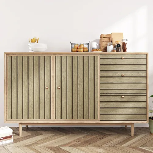 Vista 4 de Papel tapiz de listones de madera marrón claro, paneles de madera autoadhesivos, papel tapiz de rayas de grano de madera sintético, papel de 1