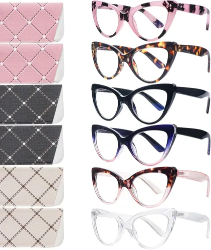 Vista 11 de Pack de 6 gafas de moda de ojo de gato para mujer con bloqueo de luz azul, bisagras de resorte extra grandes, lentes para computadora