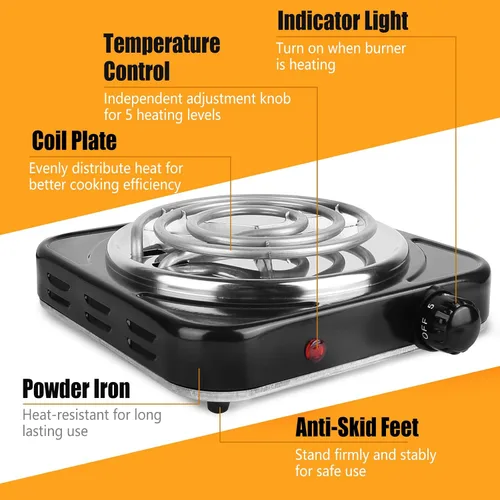 Vista 5 de TeqHome Placa Caliente, Quemador Portátil de Encimera de 1000W y Estufa Eléctrica, Placa de Cocción de Un Solo Quemador de Hierro Fundido con 5