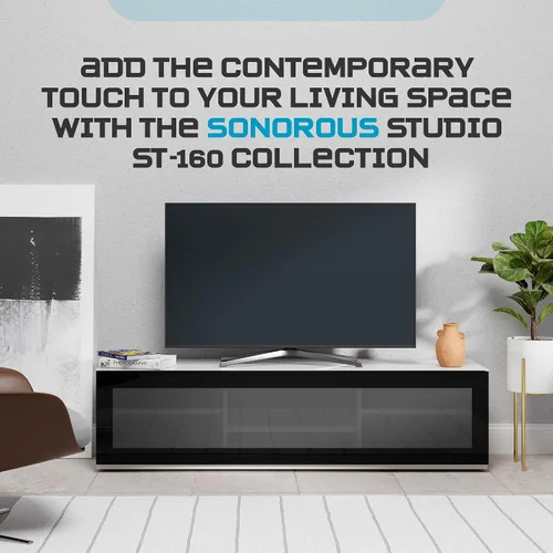 Vista 6 de SONOROUS ST-160 - Soporte de TV premium con cubierta de vidrio negro y madera blanca, centro de entretenimiento de lujo y consola multimedia