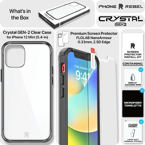 Vista 6 de REBEL Funda transparente para iPhone 12 Mini [Crystal Series Gen-2] sin amarillamiento, doble arañazos, protección a prueba de golpes, agarre