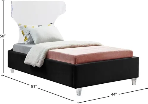 Vista 3 de Meridian Furniture Colección Ghost Modern Cama tapizada de terciopelo contemporánea con cabecera y patas acrílicas, tamaño individual, color negro