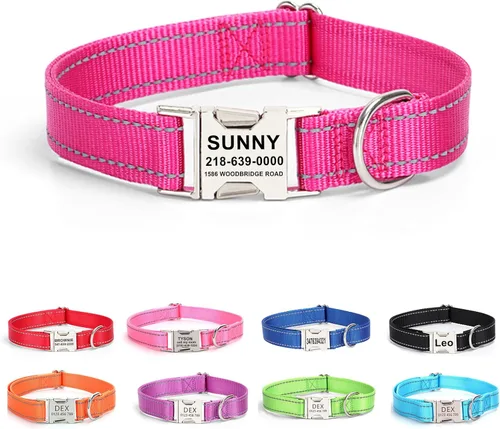Vista 13 de Collar personalizado para perro con etiqueta de nombre, collar de nailon reflectante para mascotas, collares de perro con hebilla dorada grabada