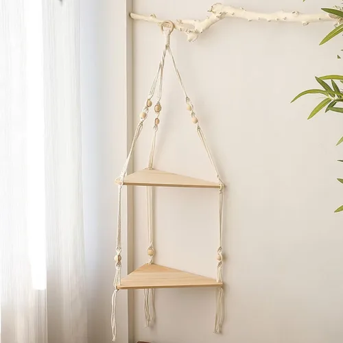 Vista 5 de Estante colgante de macramé, estante colgante triangular de madera de 2 niveles, hecho a mano, estantes esquineros de cuerda tejida a mano, estante