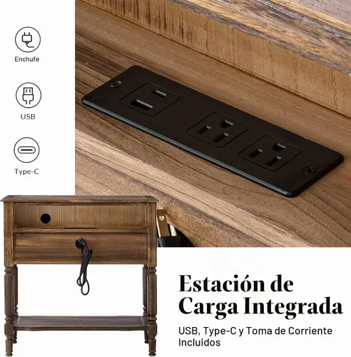 Vista 4 de HULALA HOME Mesa auxiliar con estación de carga, juego de 2, nogal