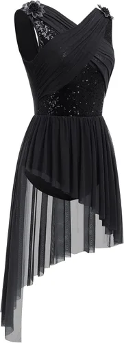 Vista 2 de AFAVOM Disfraz de baile lírico para mujer, vestido de lentejuelas con flores, falda asimétrica de tul fluida, disfraces de danza contemporánea