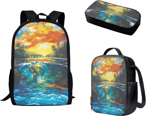 Vista 12 de Paquete de 3 bolsas escolares con estampado de bandera estadounidense para niños, mochila de gran capacidad para laptop, con cremallera, estuche