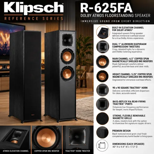 Vista 2 de Klipsch Reference 5.1 Sistema de cine en casa Dolby Atmos con altavoces R-625FA de pie, centro R-52C, envolvente R-41M y subwoofer alimentado R-12SW