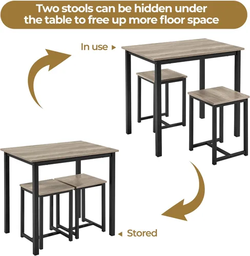 Vista 6 de Yaheetech Juego de mesa de comedor de 3 piezas - Juego de mesa y sillas para cocina para 2 - Mesa compacta con 2 taburetes y diseño que ahorra Gris