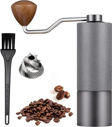 Vista 10 de Molinillo de café manual con capacidad de 0.88 oz, rebabas de acero inoxidable, mango de madera, molinillo de café para rebabas para el hogar, Negro