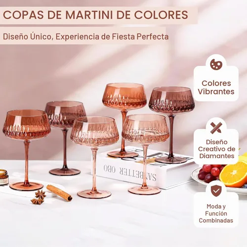 Vista 2 de Juego de 6 vasos de Martini marrón, 14 onzas, grandes vasos vintage para cócteles y champán, cristalería de colores elegantes para bar en casa