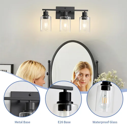 Vista 2 de 3 luces de tocador de baño, aplique de pared negro mate sobre espejo con cilindro templado de vidrio transparente grueso, accesorios de iluminación