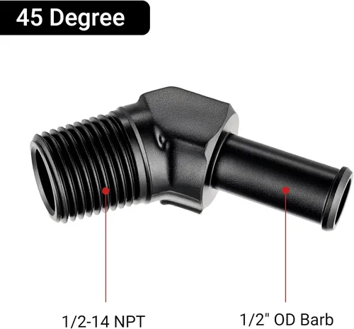 Vista 2 de EVIL ENERGY Adaptador de Conexión de Púa de Manguera 1/2" NPT Macho a 1/2" 45 Grados de Aluminio Negro