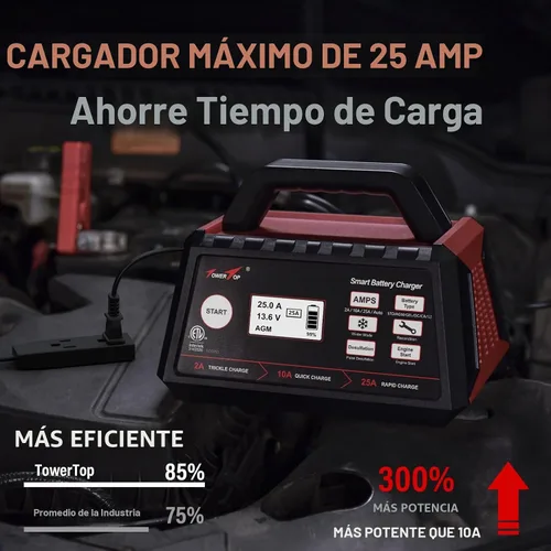 Vista 2 de TowerTop Cargador de batería inteligente de coche de 2/10/25 amperios de 12 V, mantenedor de batería completamente automático con arranque