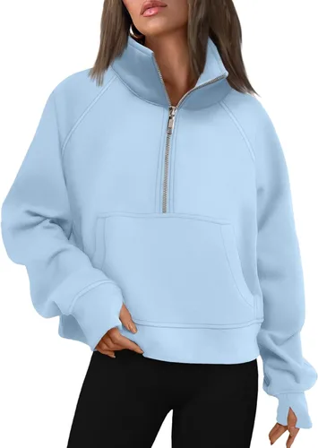 Vista 39 de AUTOMET Sudaderas con media cremallera para mujer, sudadera corta de vellón con cremallera de un cuarto, sudaderas con capucha para el otoño, a