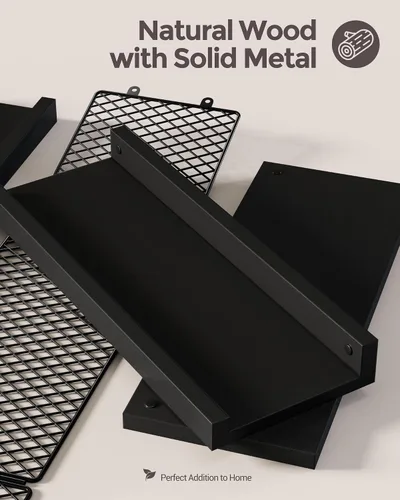 Vista 5 de Puricon Estantes flotantes de baño con soporte para secador de pelo, juego de organizadores de madera rústica de 3 niveles montados en la pared