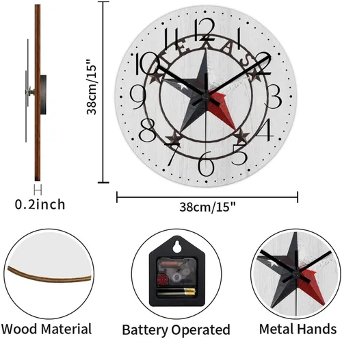 Vista 2 de Reloj de pared redondo estilo clásico con estrella de Texas occidental, reloj de madera, silencioso, sin tictac, funciona con pilas, fácil de leer