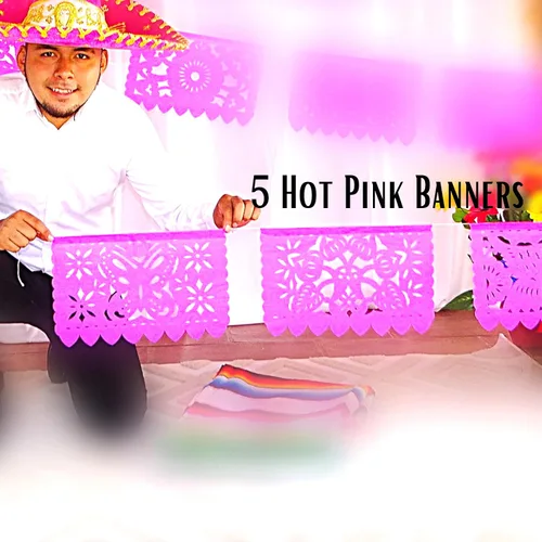 Vista 8 de Pancartas rosadas de Picado Picado, decoraciones de fiesta temática mexicana rosa, banderas mexicanas, decoraciones colgantes de fiesta de México