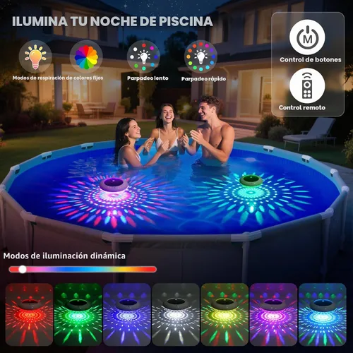 Vista 3 de Luces flotantes para piscina con control remoto, luces solares RGB de 6.5 pulgadas con 9 iluminación dinámica, IP68 impermeable, luz flotante solar
