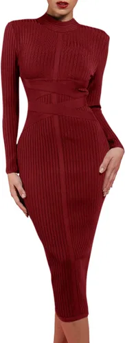 Vista 2 de whoinshop - Vestido de fiesta para mujer, de tela acanalada ceñida con correas cruzadas en la cintura, manga larga, a media pierna, entallado