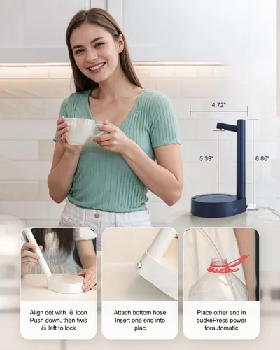 Vista 4 de Dispensador de agua de escritorio para botella de 5 galones, bomba de agua eléctrica portátil pequeña para jarra de 5 galones para el hogar, Azul
