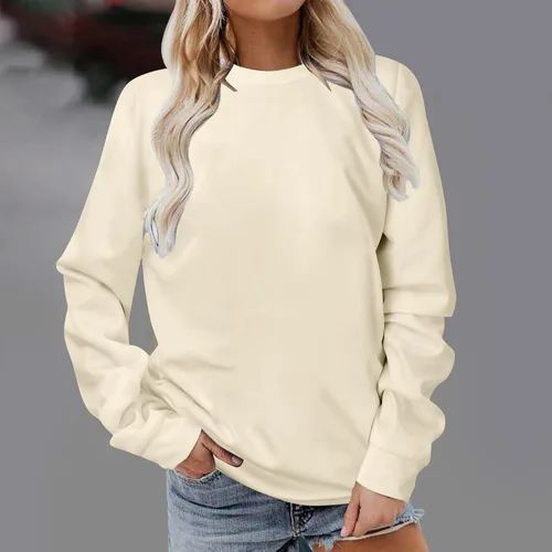 Vista 2 de Sudaderas de otoño para mujer 2023 de manga larga con cuello redondo, sin botones, básicas, casuales, color sólido, ajuste holgado, blusa