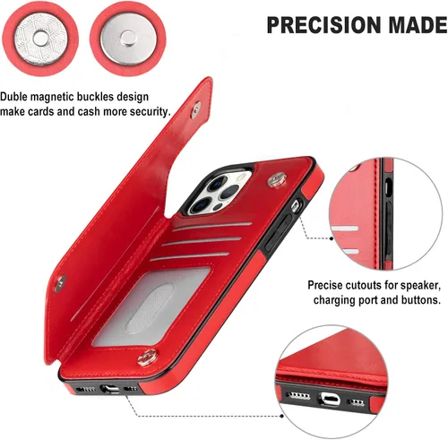 Vista 6 de Funda tipo cartera para iPhone 12 Pro Max, funda de piel sintética suave premium con función atril y función atril para iPhone 12 Pro Max de 6.7 Rojo