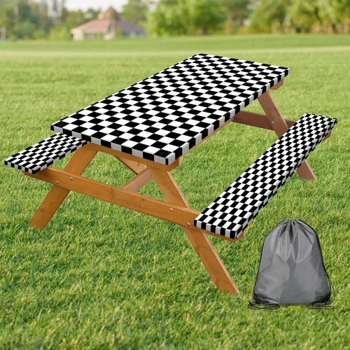 Vista 18 de Funda para Mesa de Picnic con Fundas para Bancos y Bolsa, Campista de Madera Impermeable Resistente al Viento, Cubierta de Mantel Ajustada con Borde