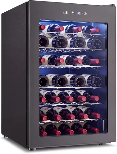 Vista 10 de Feelfunn Refrigerador de vino de 12 botellas – Pequeño refrigerador de vino para tinto, blanco, champán, bodega independiente con puerta de vidrio
