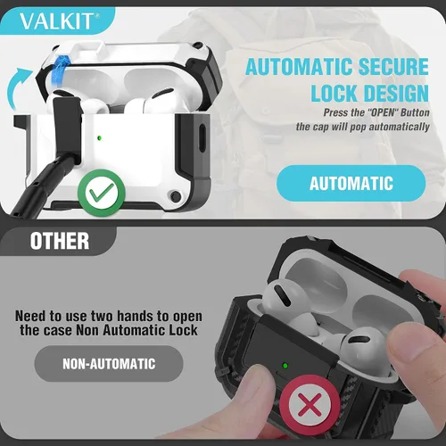 Vista 3 de Valkit Funda Compatible con Airpods Pro de 2ª/1ª Generación con Kit de Limpieza, Funda Militar para AirPod Pro 2 con Candado y Cordón, Funda Blanco