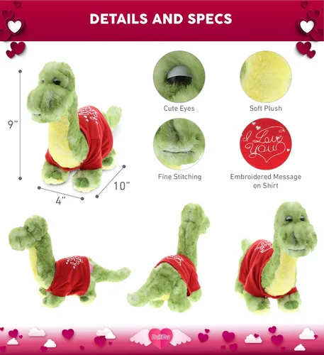 Vista 3 de DolliBu Peluche de dinosaurio verde I Love You, lindo animal de peluche con camisa roja y nombre personalizado para San Valentín, 10 pulgadas