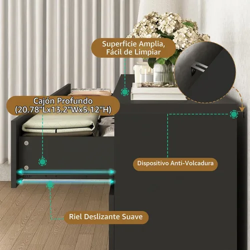 Vista 5 de Cómoda negra de 12 cajones para dormitorio, cómoda moderna con cajones profundos de 63 pulgadas, cómoda de almacenamiento ancha y larga, muebles