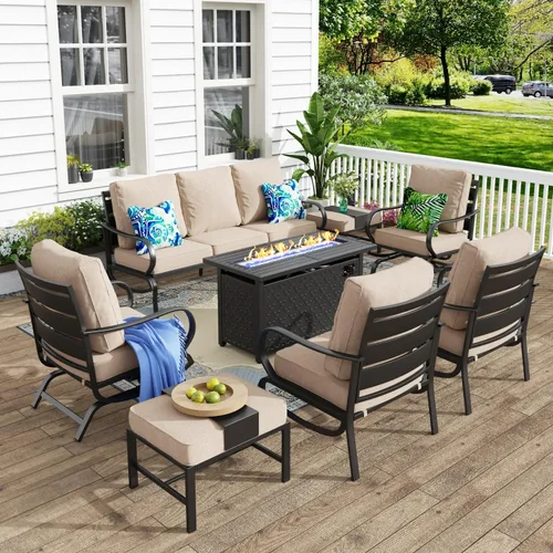 Vista 62 de MFSTUDIO Juego de 4 piezas de conversación para patio, marco de metal para todo tipo de clima, muebles de exterior con 1 mesa rectangular de propano
