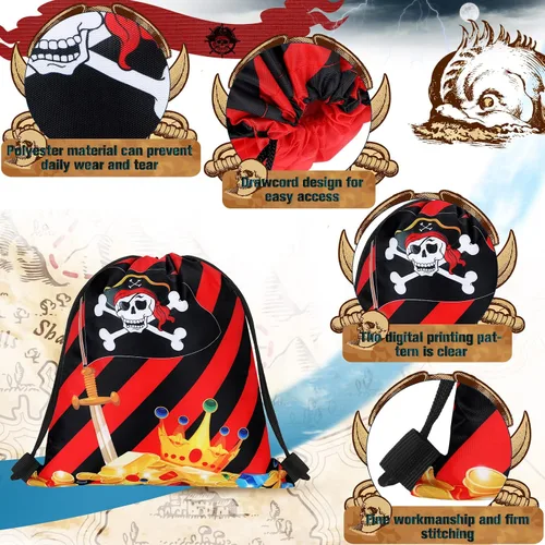 Vista 3 de Woanger 16 bolsas de recuerdo de fiesta pirata, bolsas con cordón para niños, capitán calavera, regalo para Halloween, cosplay, aventura