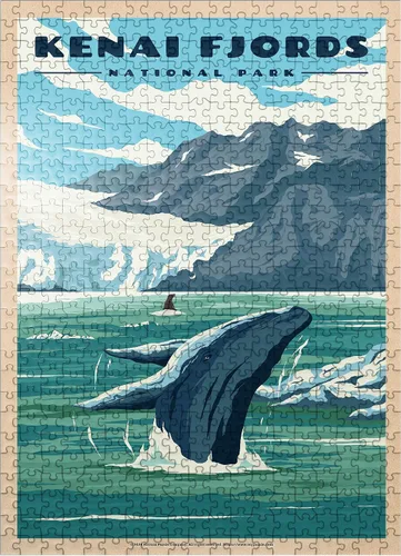 Vista 12 de MyPuzzle Parque Nacional de los Fiordos Kenai - Refugio de ballenas en la naturaleza, póster de viaje vintage, rompecabezas premium de 100 piezas